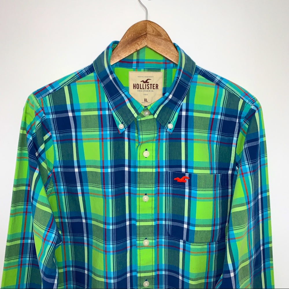 Hollister Men Size XL Shirt Plaid Soft Woven Long Sleeves Blue & Green